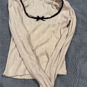 Lush Cream Long Sleeve Top with Black Trim